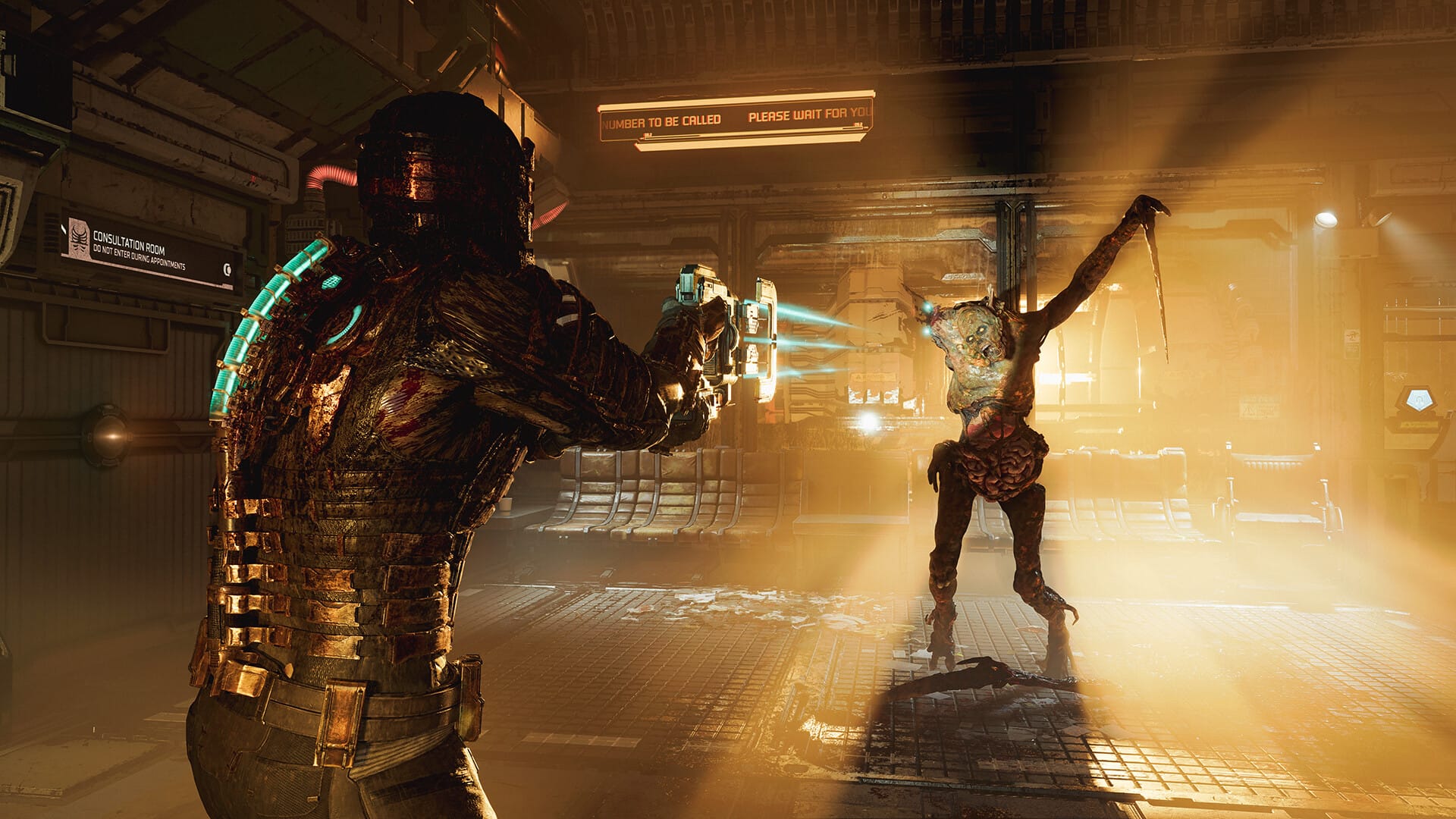 Dead Space remake screenshot shows Isaac aiming a gun at a necromorph
