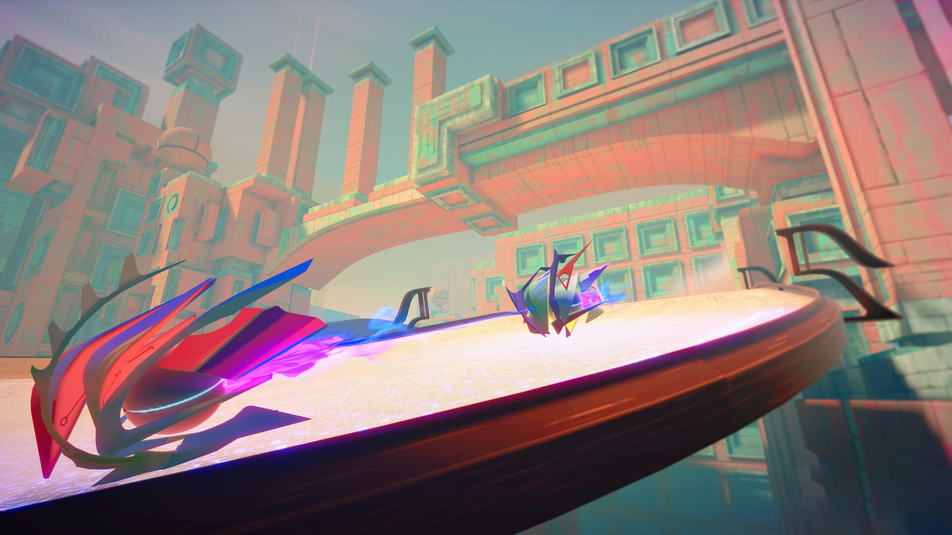 Phantom Spark screenshot shows two futuristic vehicles racing while turning a corner