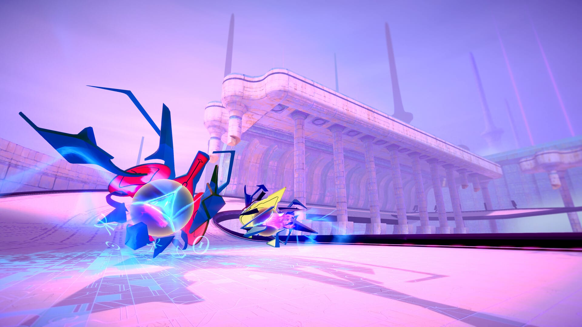 Phantom Spark screenshot shows two futuristic vehicles racing across a purple fantasy environment