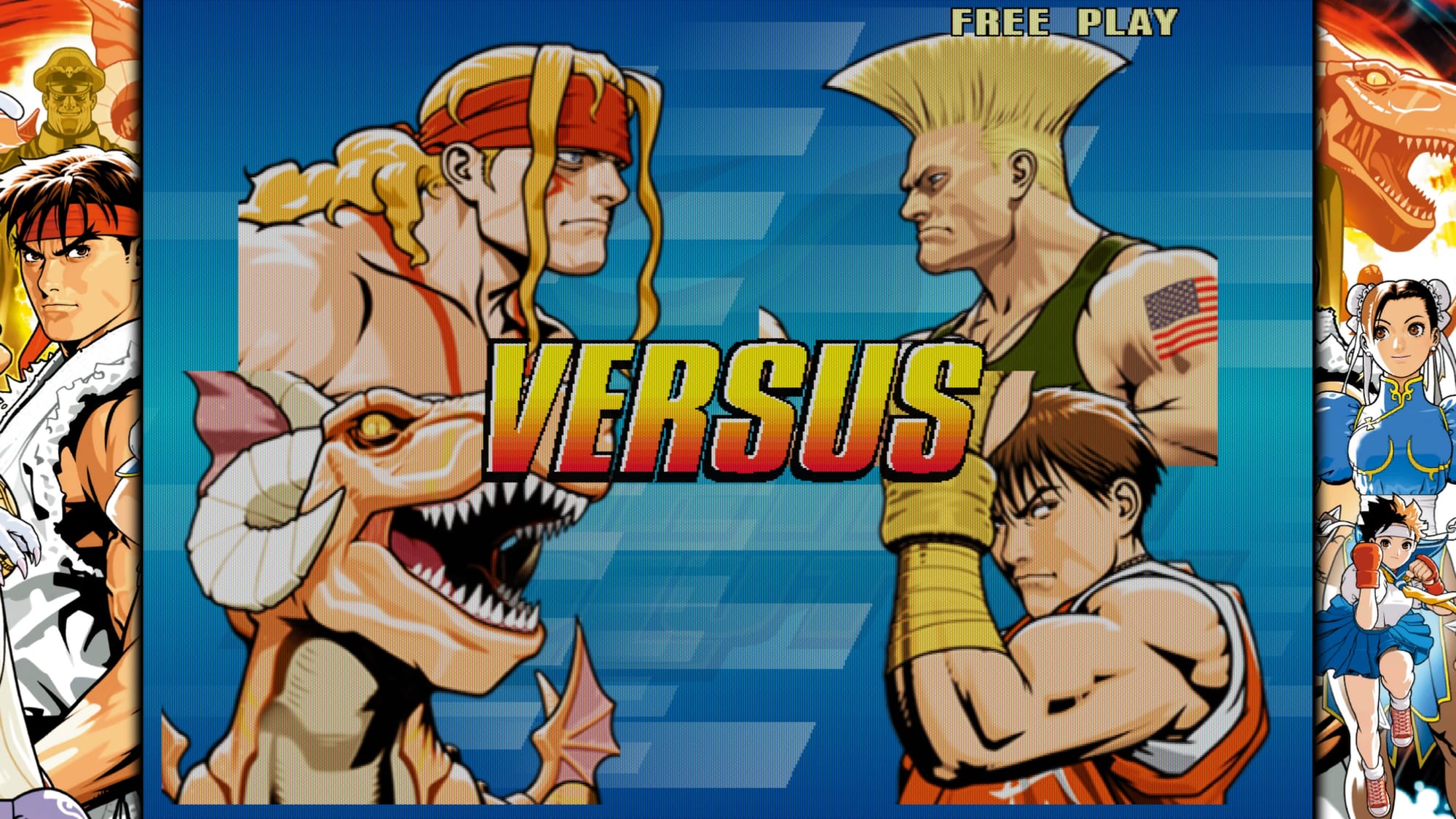Capcom Fighting Evolution screenshot showing Alex guile a dinosaur and guy facing off