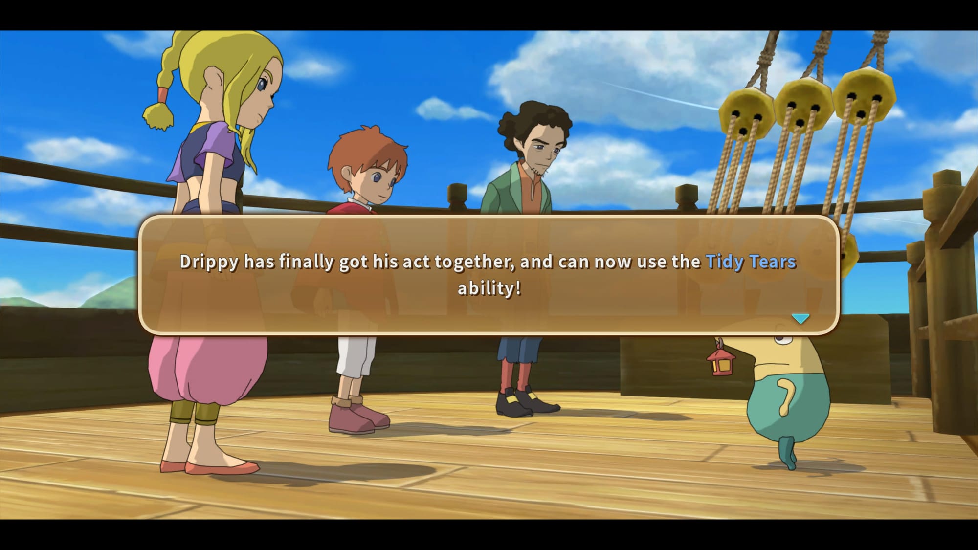 Text on screen says "Drippy has finally got his act together, and can now use the Tidy Tears ability"