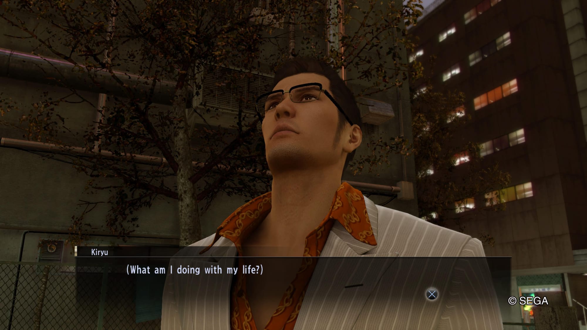 Kazuma Kiryu thinking, "What am I doing with my life?"