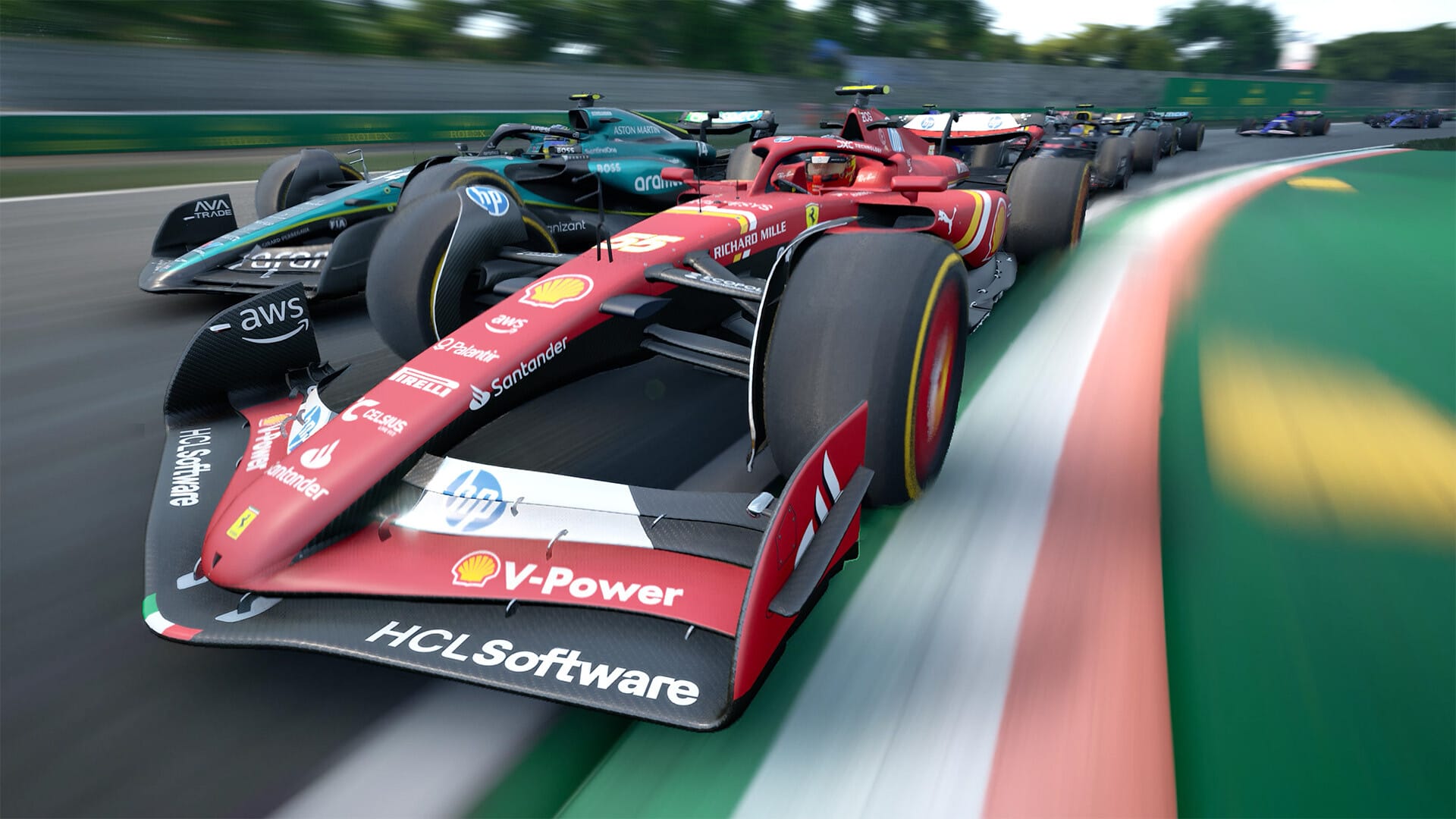 A Formula 1 Ferrari car overtaking an Aston Martin at a corner