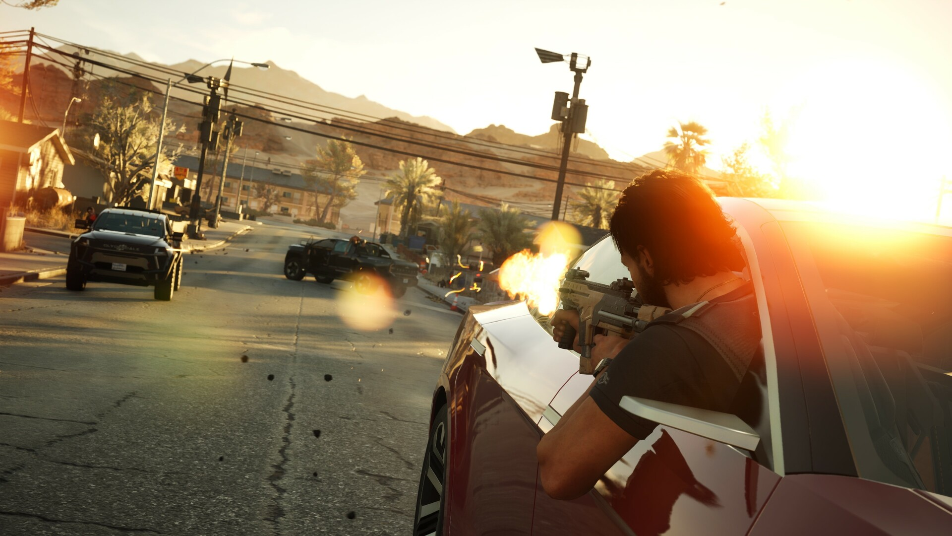 MindsEye's protagonist shooting out the window of a speeding car.