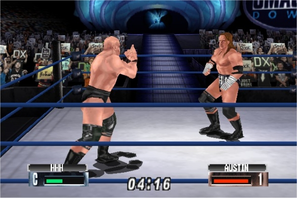 WWF No Mercy N64 screenshot showing austin taunting HHH