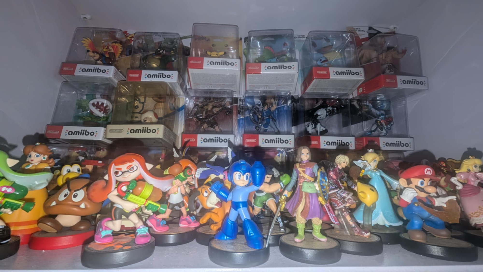 A shelf full of open amiibo with the back of the shelf lined by even more unopened amiibo boxes.
