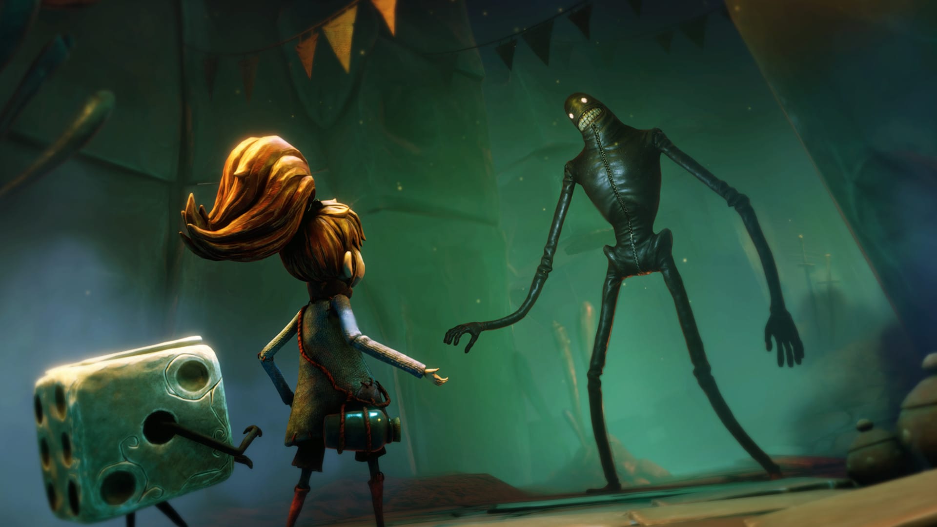 A young girl and sentient dice approached by a creepy creature.