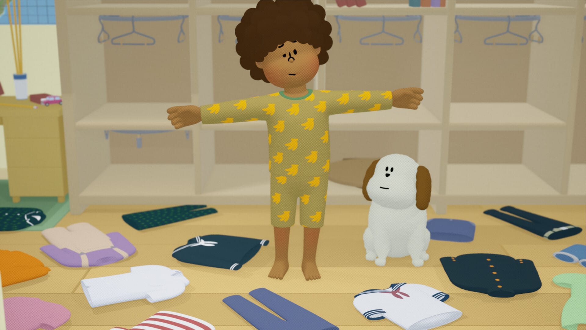 To a t screenshot showing Teen and Dog standing in a room with clothes all over the floor