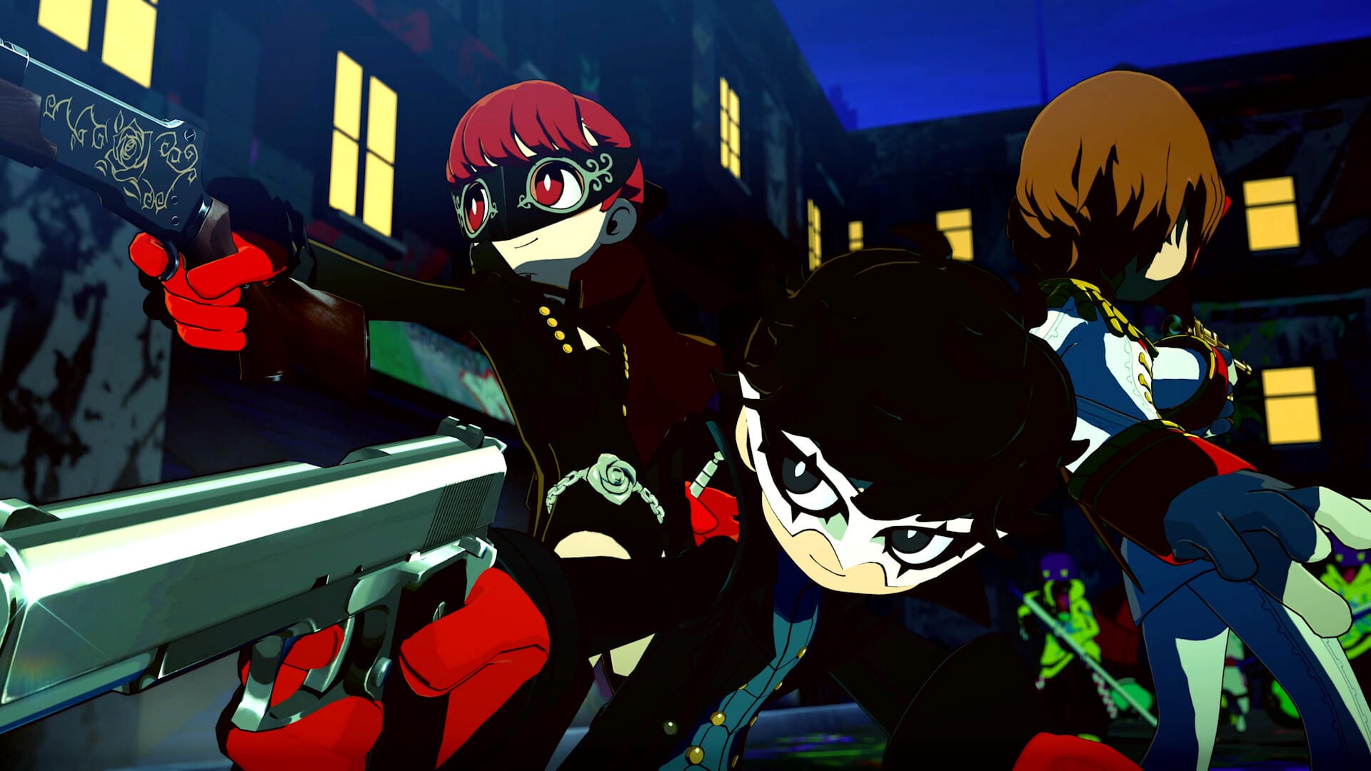 Three chibi style characters holding weapons in a circle formation