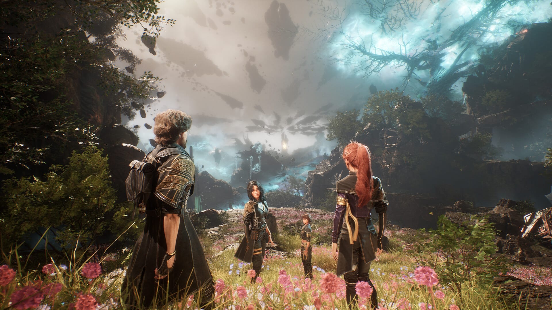 Four people in uniform standing across a field of flowers, ominous rock formations in the sky ahead