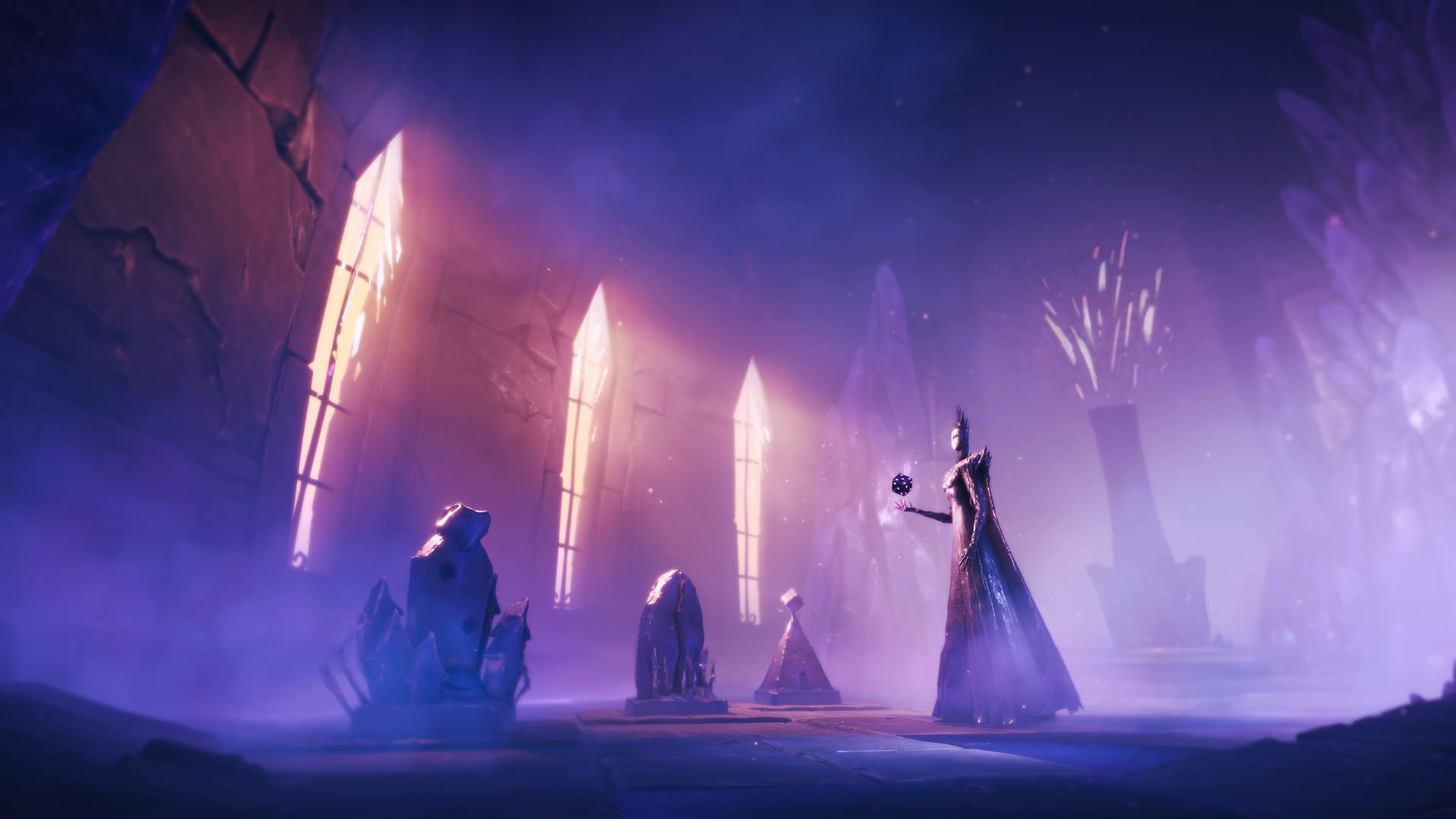 A queen standing in her throne room with a floating dice above her hand