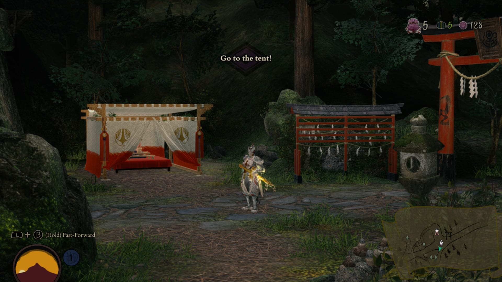 Sol standing in a village that has been saved from the blight in Kunitsu-Gami: Path of the Goddess running on a Switch 2.
