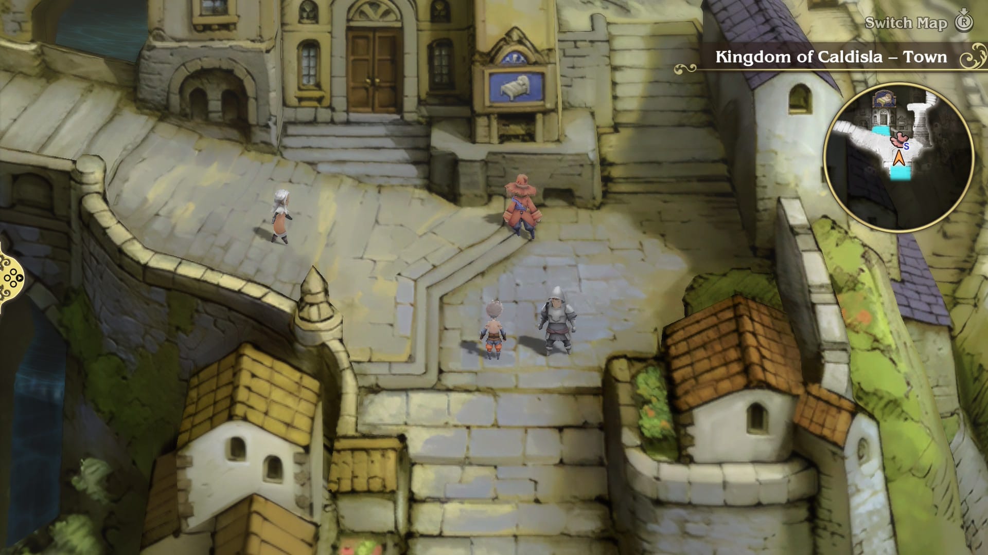 The protagonist of Bravely Deafult standing on a cobbled city street, the background textures look muddy.