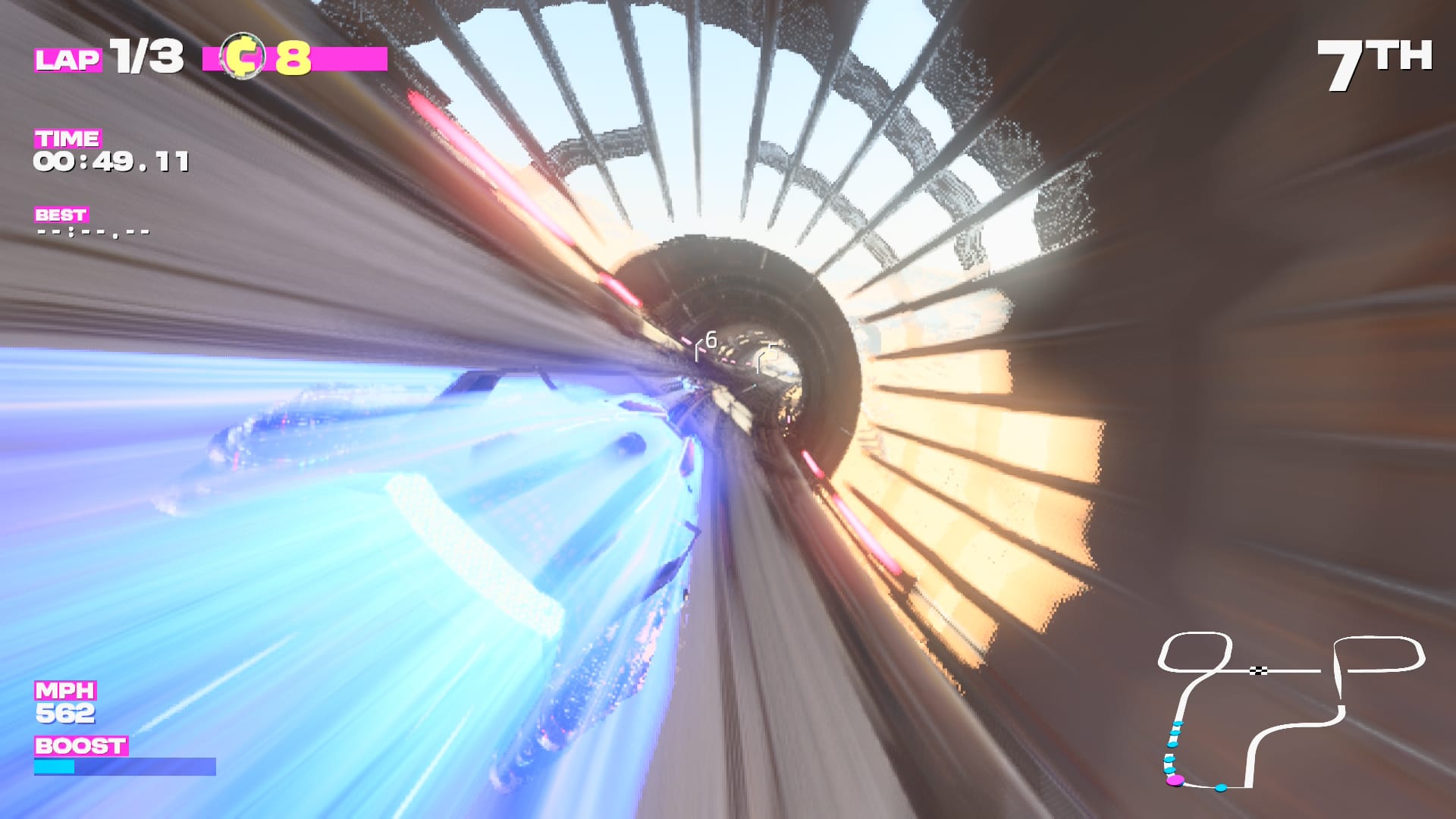 A hovercar speeding through a tunnel in Fast Fusion running on a Switch 2