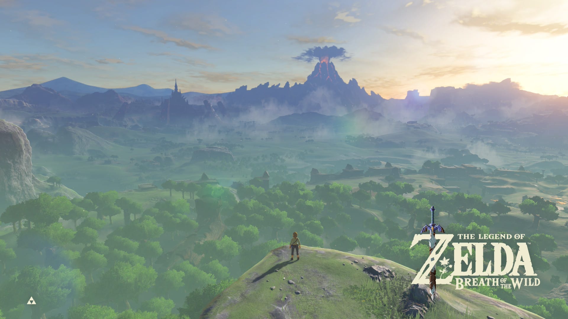 A screenshot of Link overlooking Hyrule at the very beginning of Breath of The Wild running on a Switch 2.