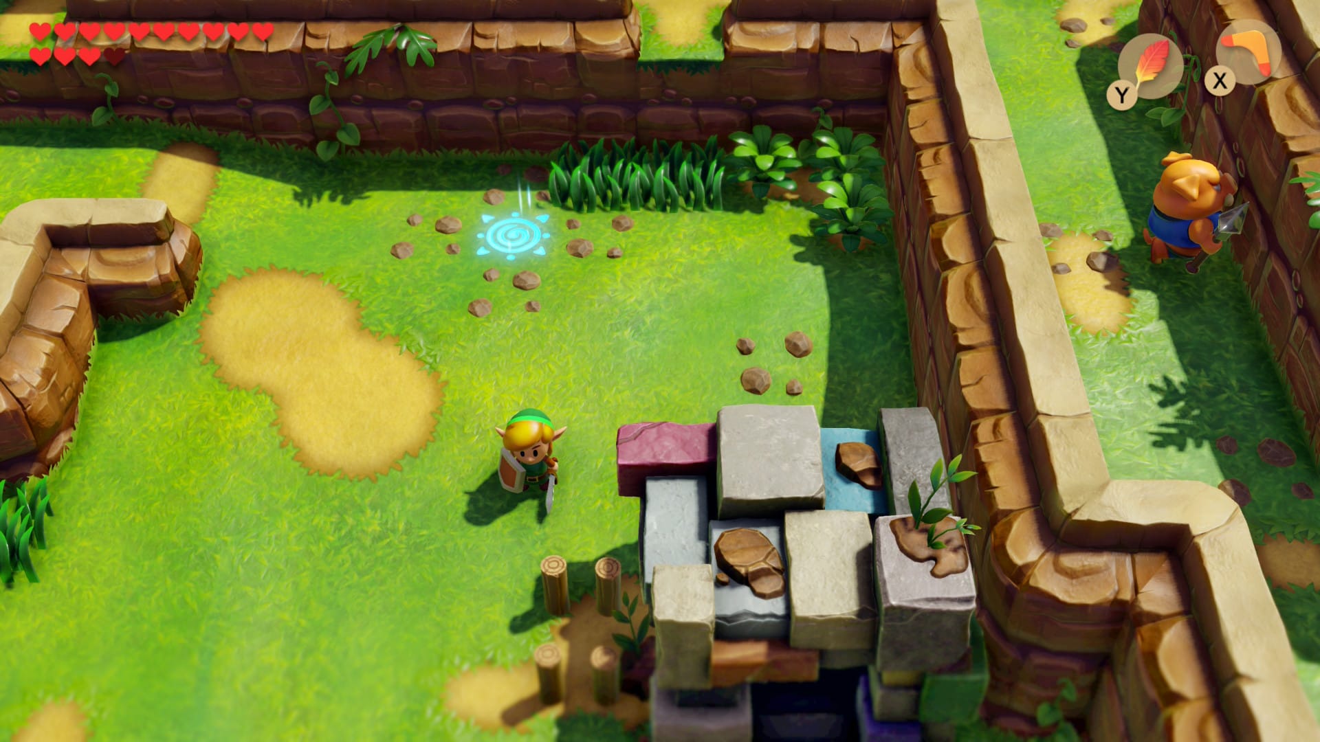 Link standing in the middle of a field in The Legend of Zelda: Link's Awakening running on a Switch 2.