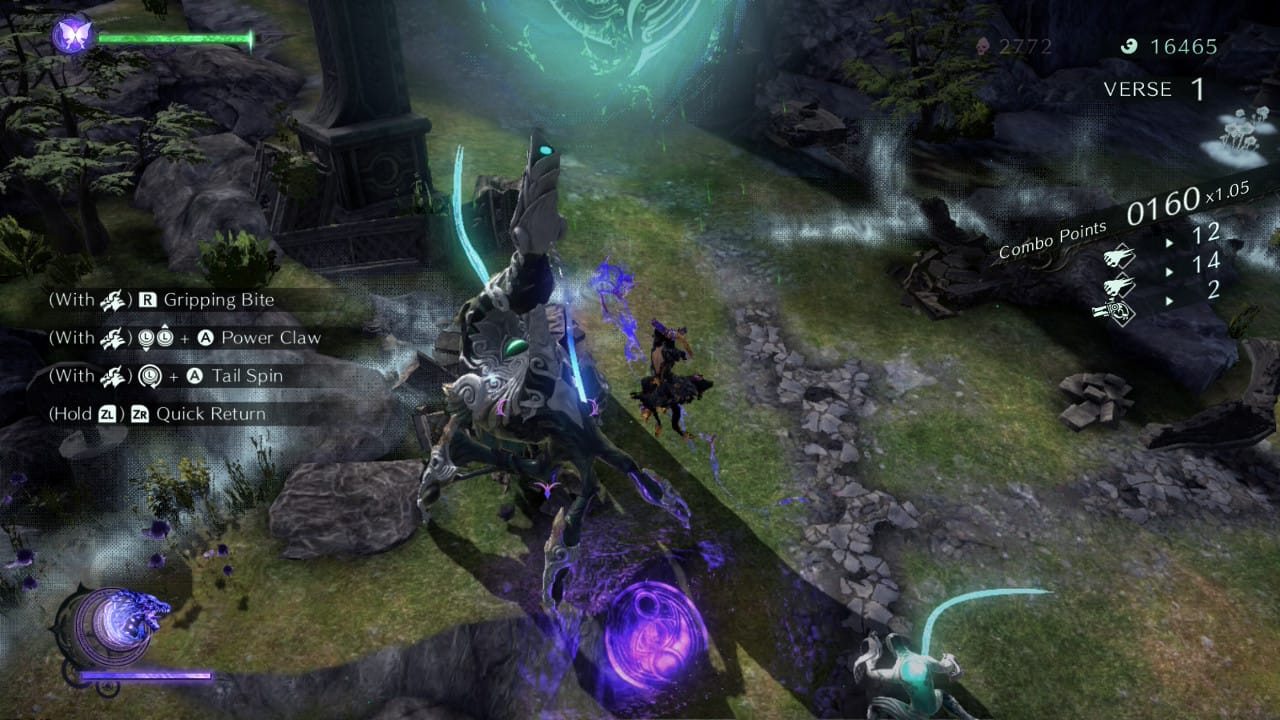 Bayonetta preforming an air attack on an angelic monster in Bayonetta 3 running on a Switch 2.