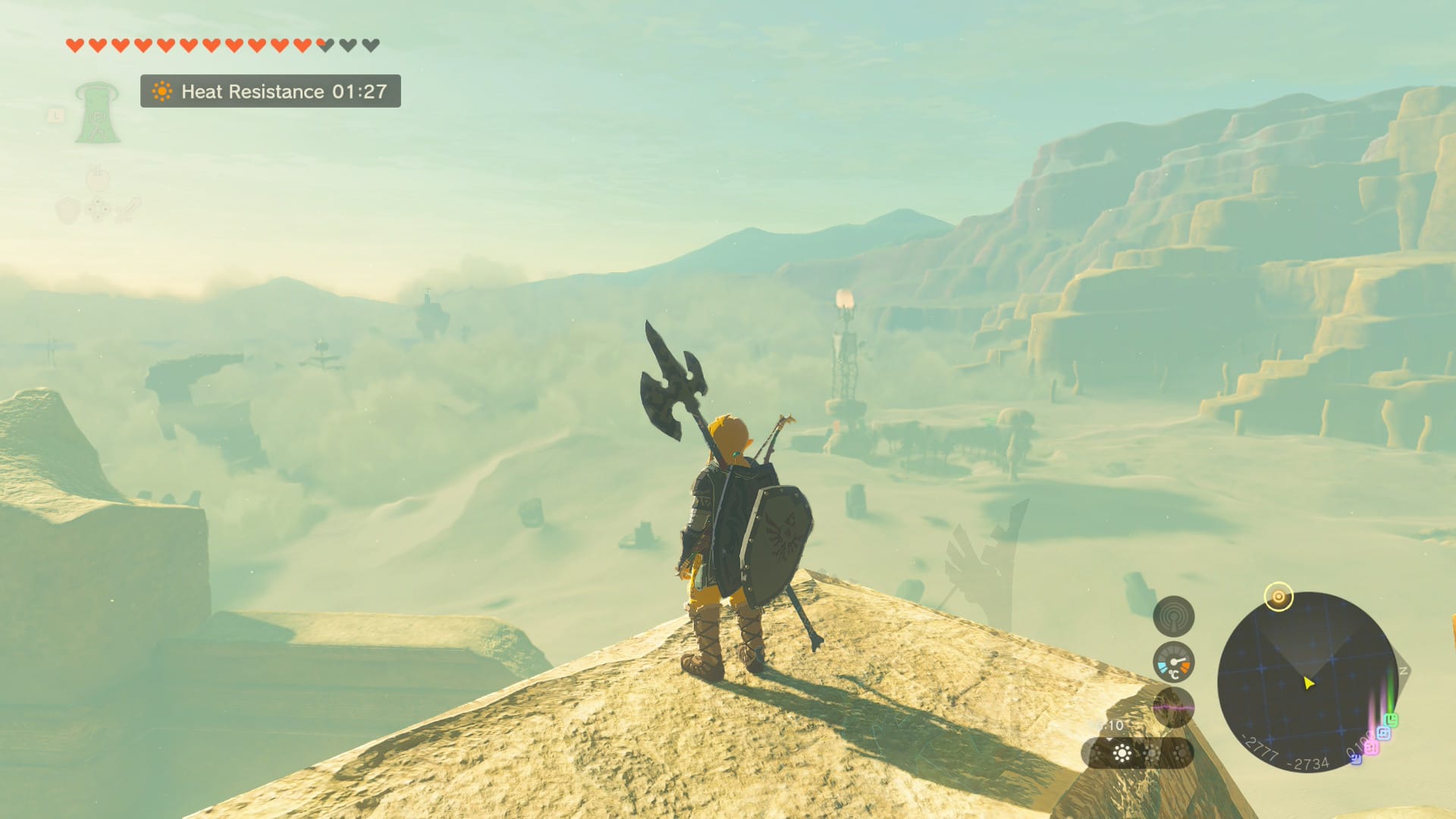 Link overlooking Geurodo Desert in Tears of the Kingdom, running on a Switch 2.