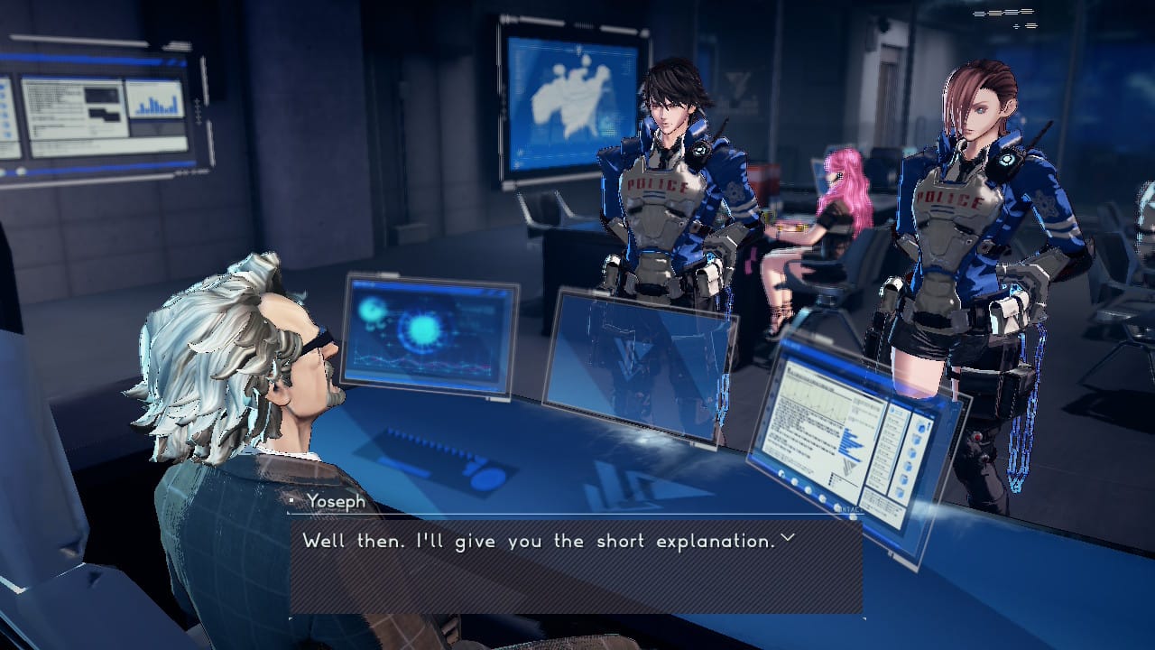The protagonists of Astral Chain listening to an old man talk about why cops are great or something.