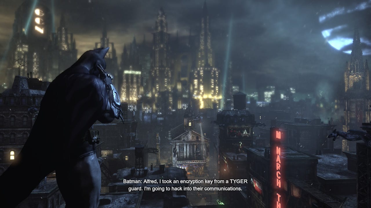 Batman overlooking the Gotham courthouse at the beginning of Batman: Arkham City, running on a Switch 2.