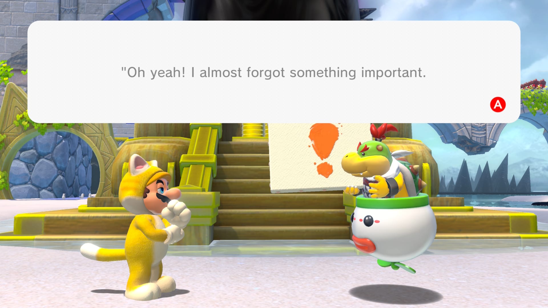 Cat Mario listening to Bowser Jr. talking in Super Mario 3D World - Bowser's Fury running on a Switch 2.