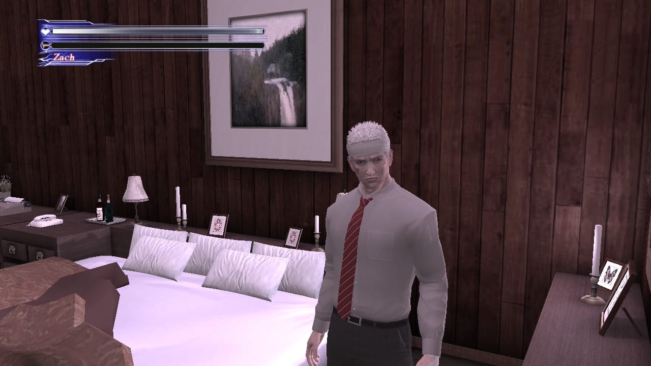 Zach looking at the camera in the final chapter of Deadly Premonition: Origins running on a Switch 2.