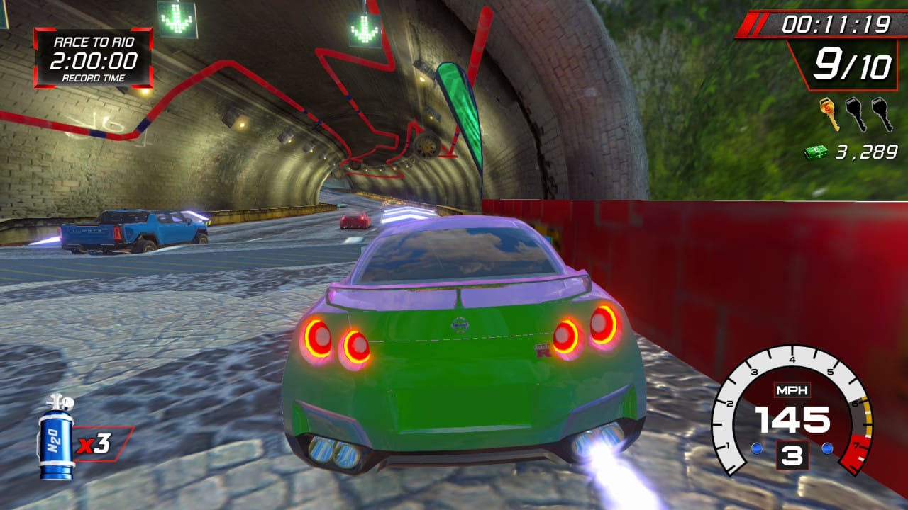 A green Nissian GTR drving in Cruis'n Blast on a Switch 2.