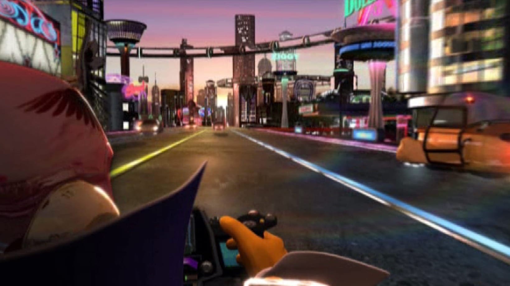Captain Falcon driving through a futuristic sci-fi city as the sun starts setting