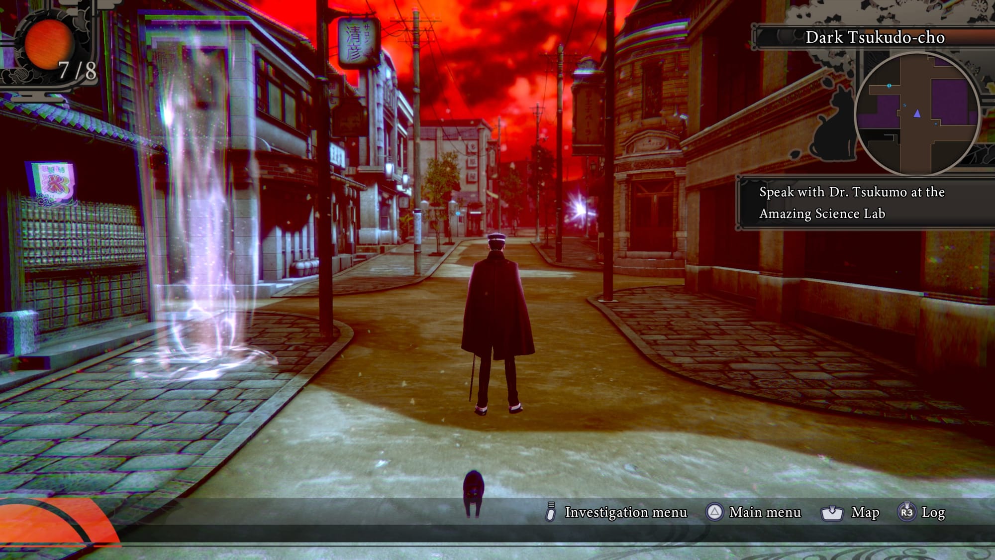 Raidou standing in Dark Tskudo-cho in Raidou Remastered running on a PS5.