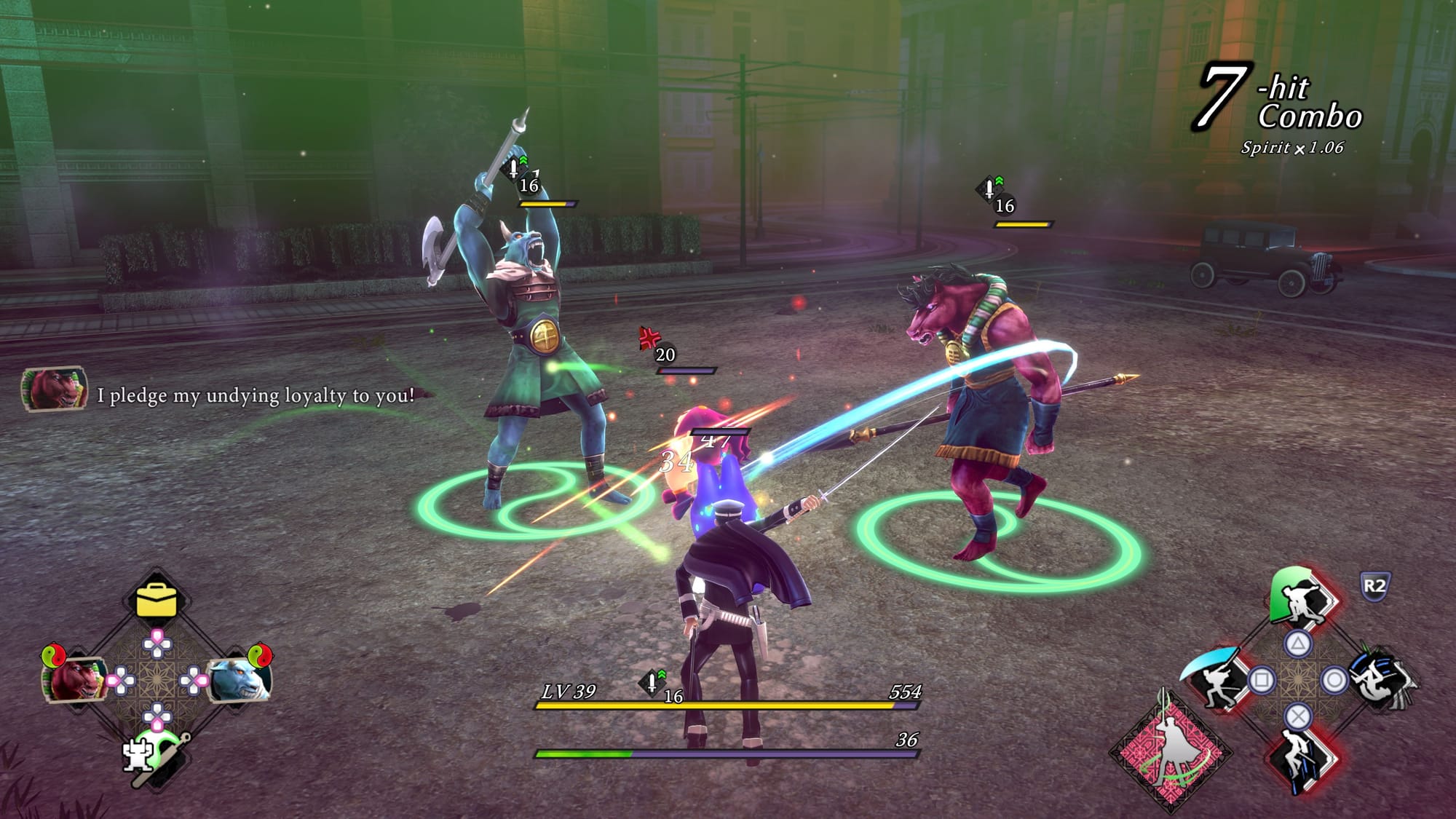 Raidou attacking demon with two of his summoned demons in Raidou Remastered.