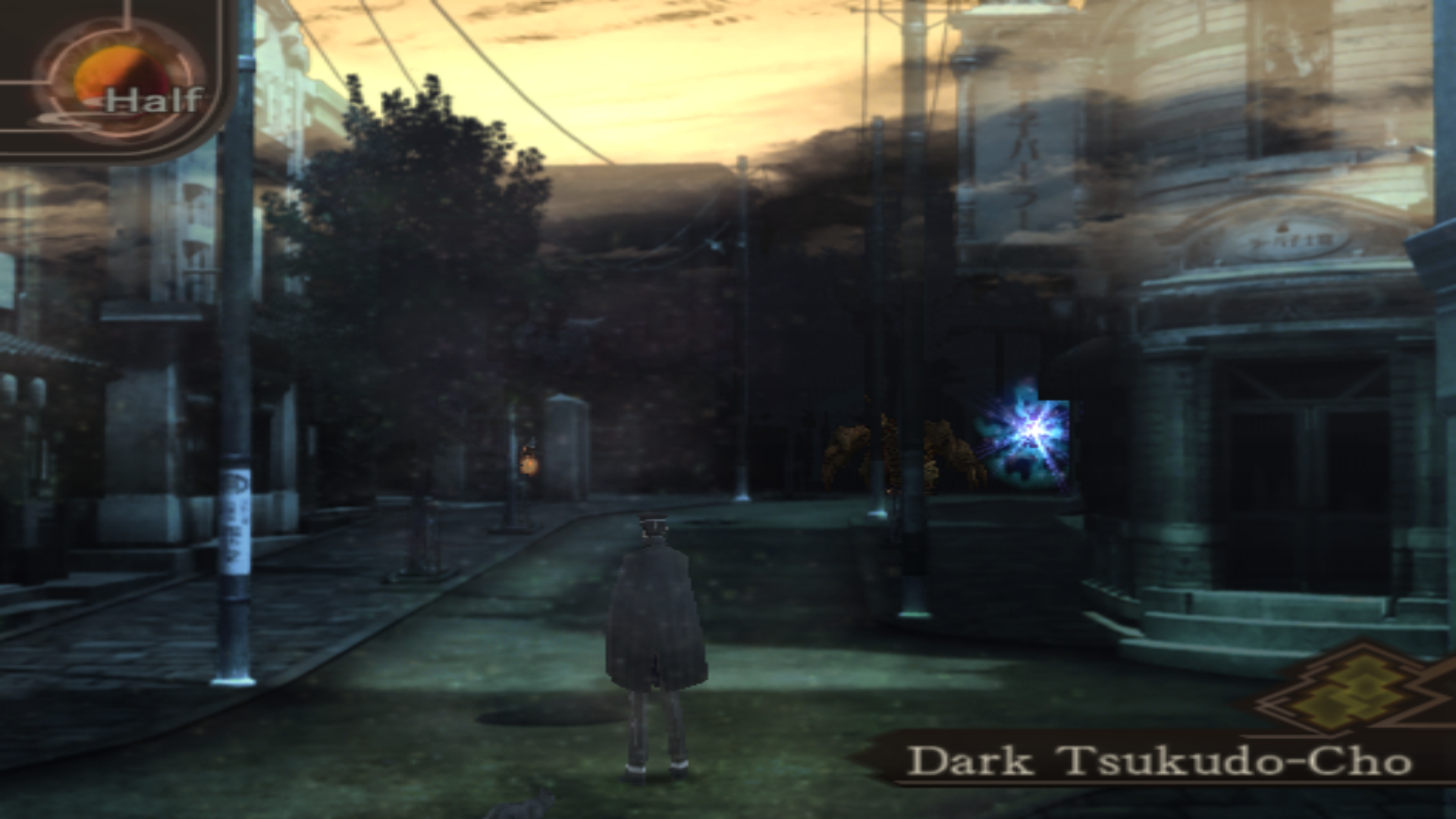 Raidou standing at the entrance of Dark Tsukudo-cho running on AetherSX2 at a 5x resolution.