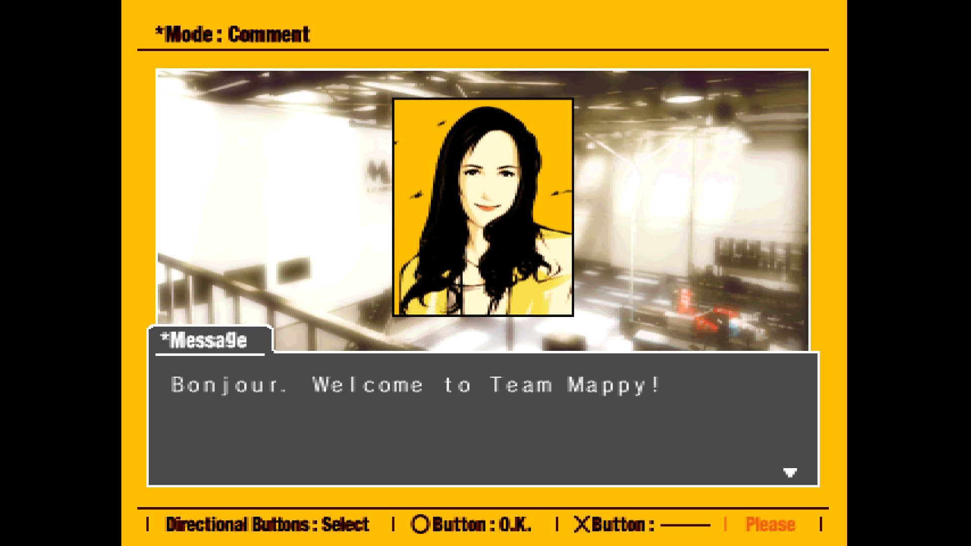 A female character in Ridge Racer Type 4's story mode welcoming the player to Team Mappy.