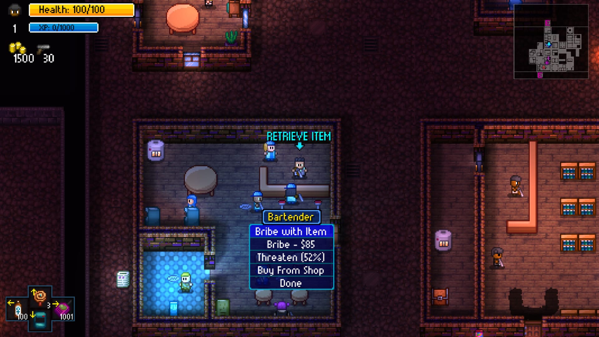 Shows a Streets of Rogue image where a character is talking to a bartender.