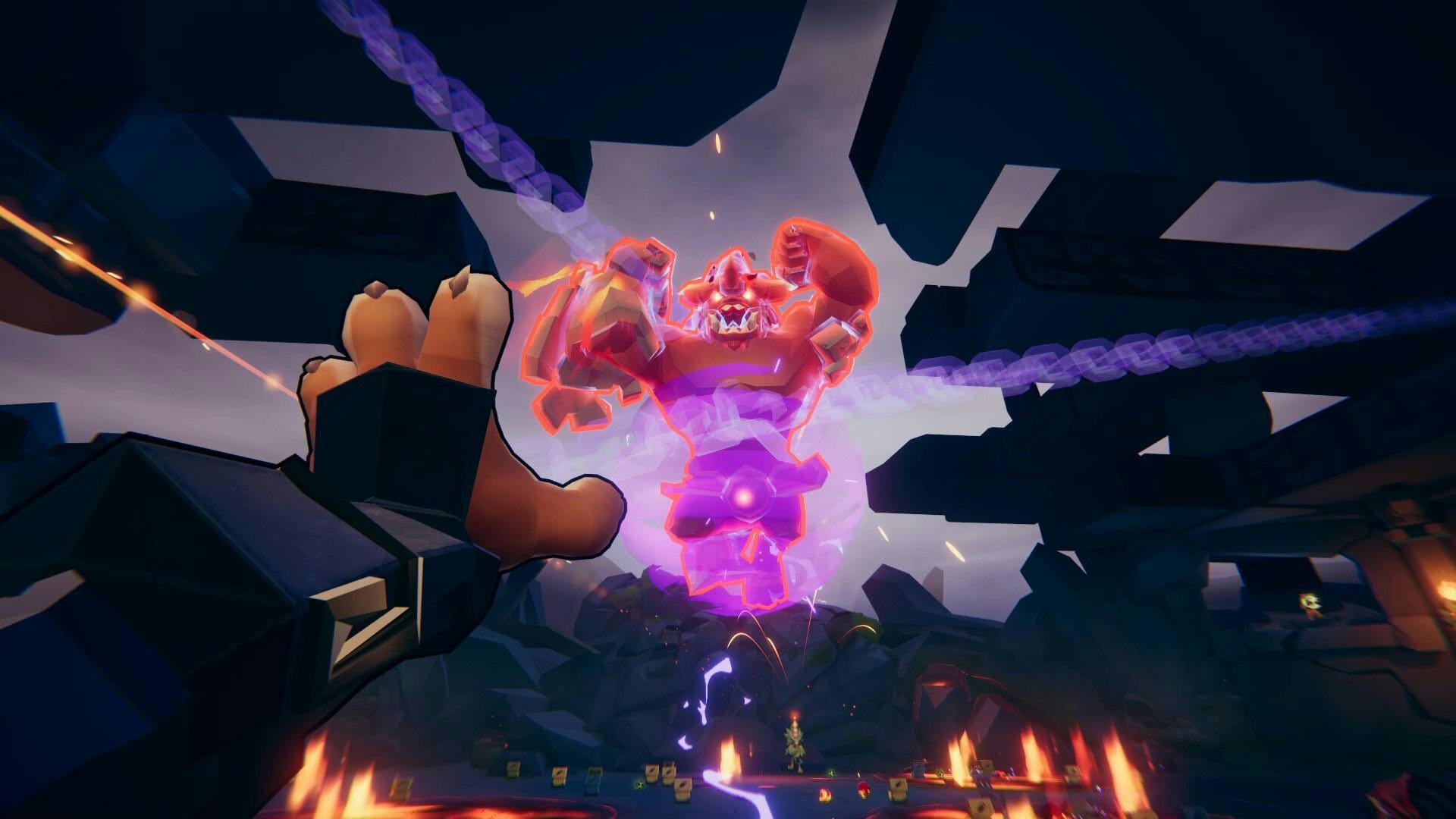 Shows a Gunfire Reborn image where the character has frozen a demon in midair. 