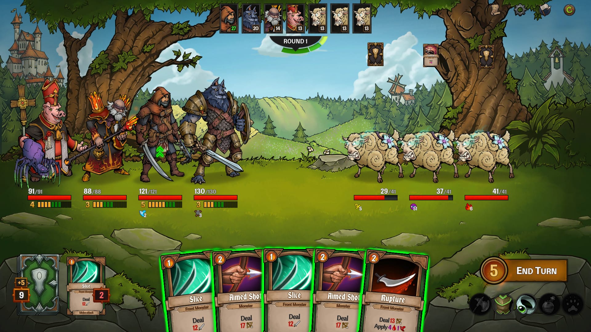 Shows an Across the Obelisk screenshot with the party fighting off evil sheep. 