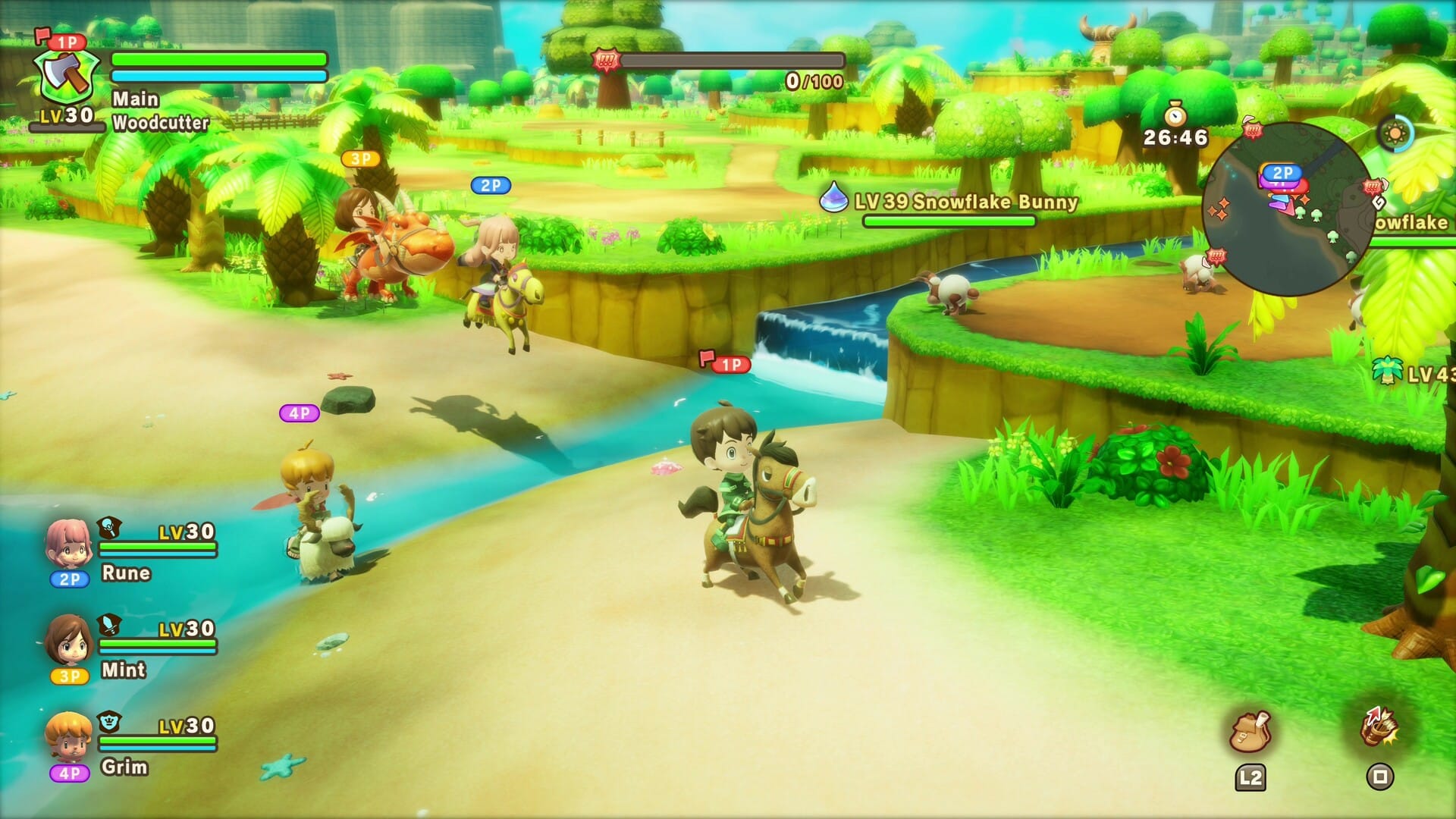 Shows a group of adventurers on different mounts.