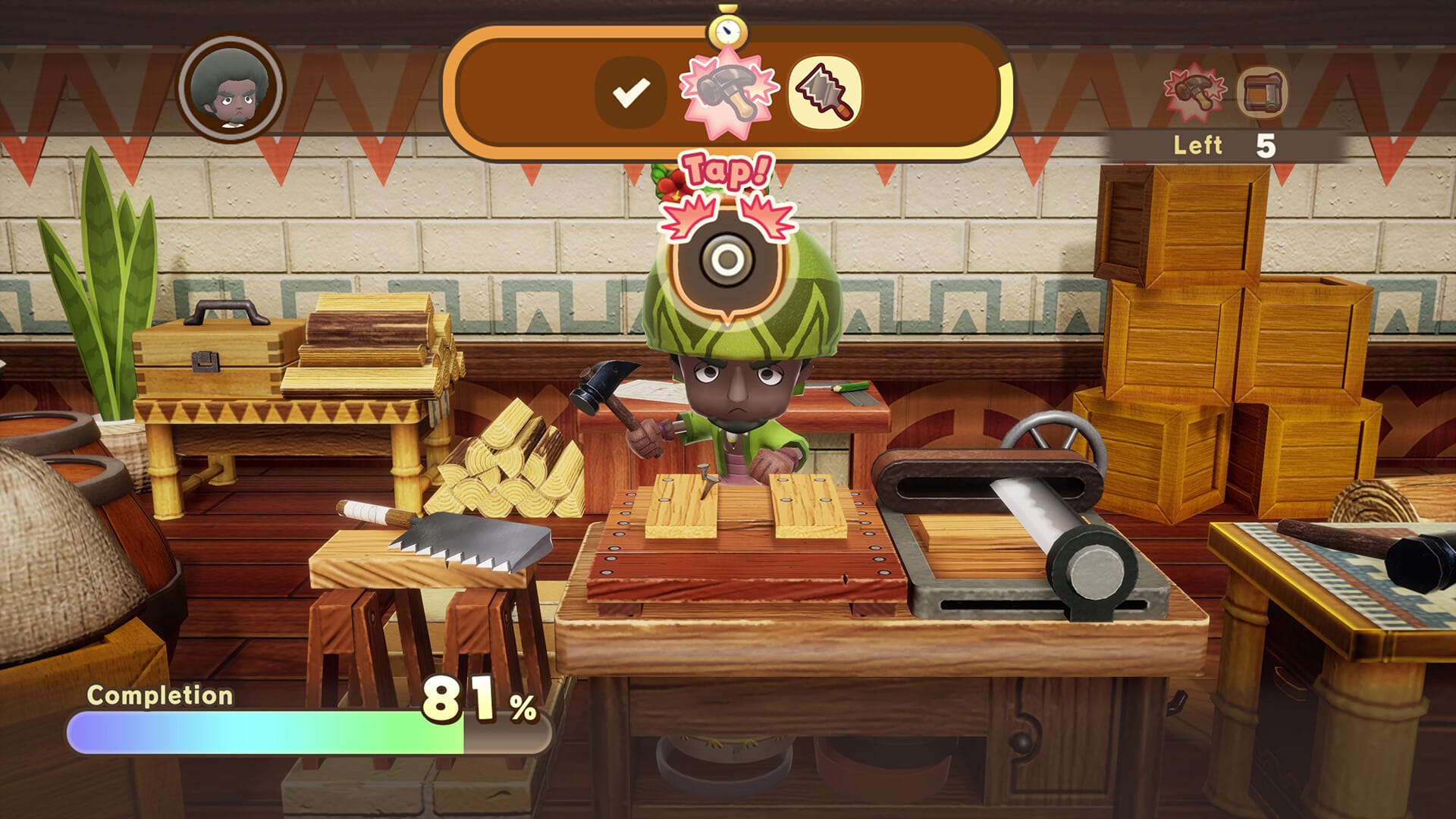 Shows a character doing some capentry.