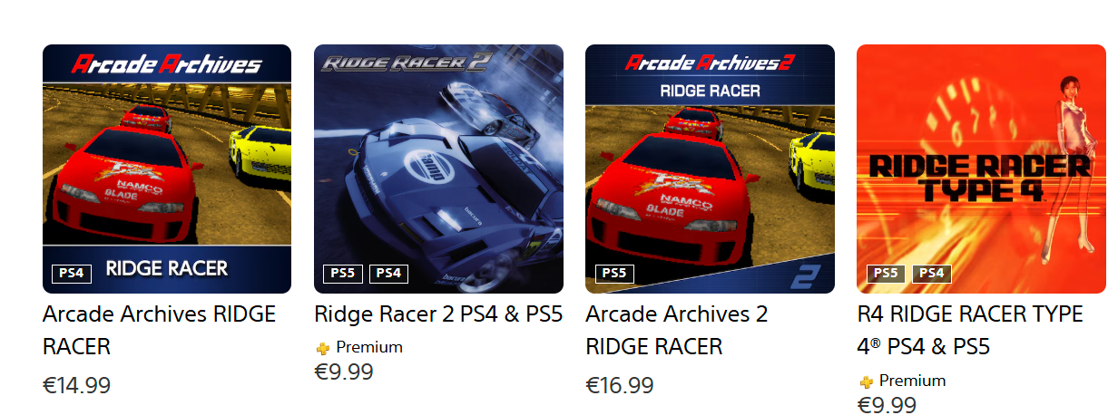 Store listings for Arcade Archive Ridge Racer for €14.99, Ridge Racer 2 for €9.99, Arcade Archives 2 Ridge Racer for €16.99, and R4 Ridge Racer Typer 4 for €9.99.