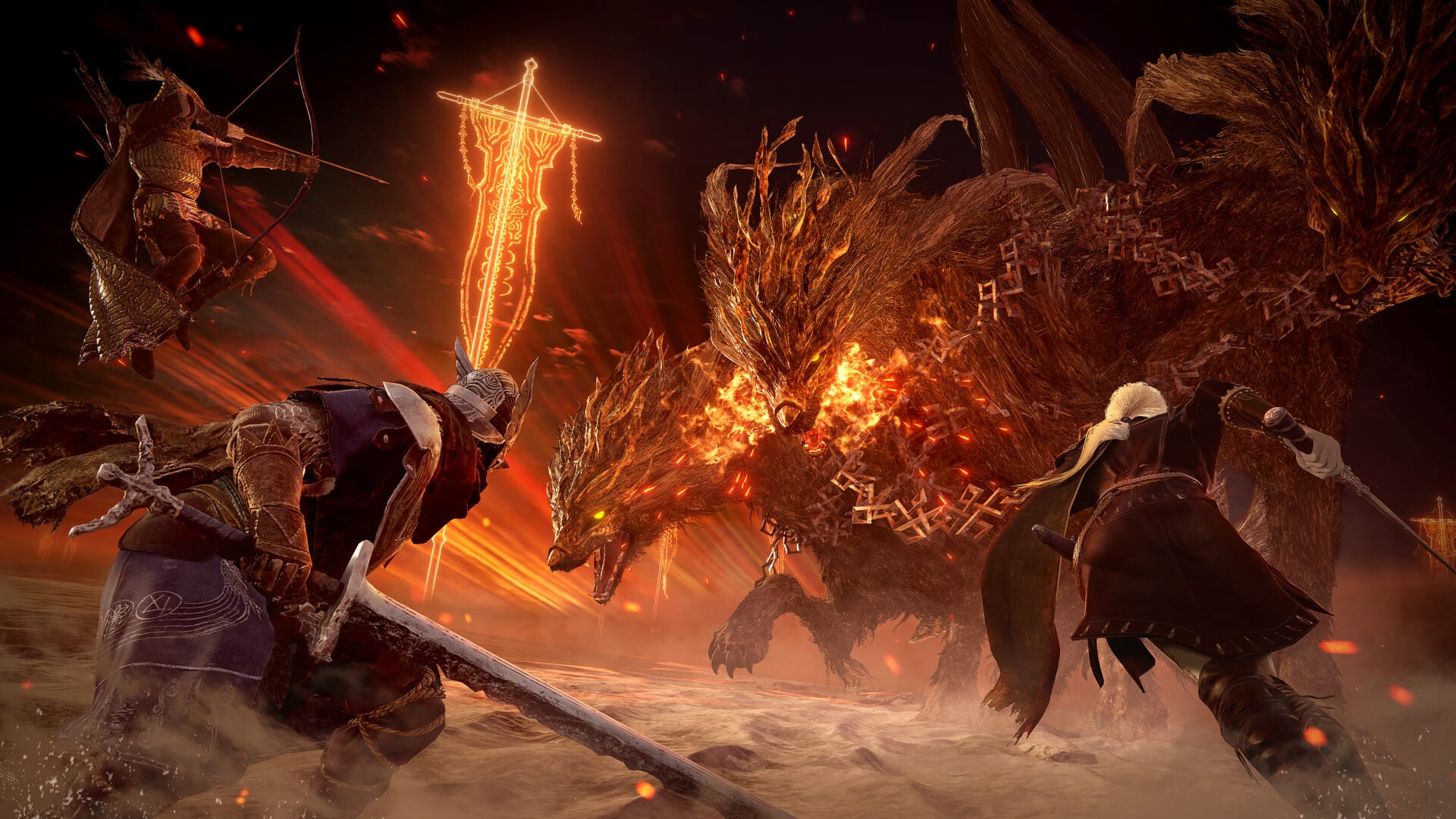 Elden ring nightreign screenshot showing three characters fighting a wolf