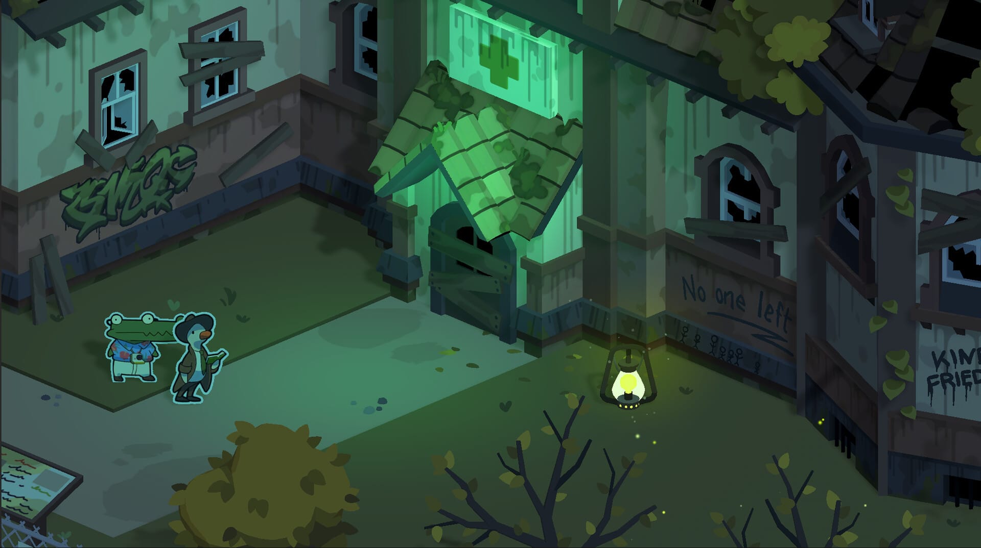 Duck Detective and a crocodile called Freddy approaching an abandoned, borded up house