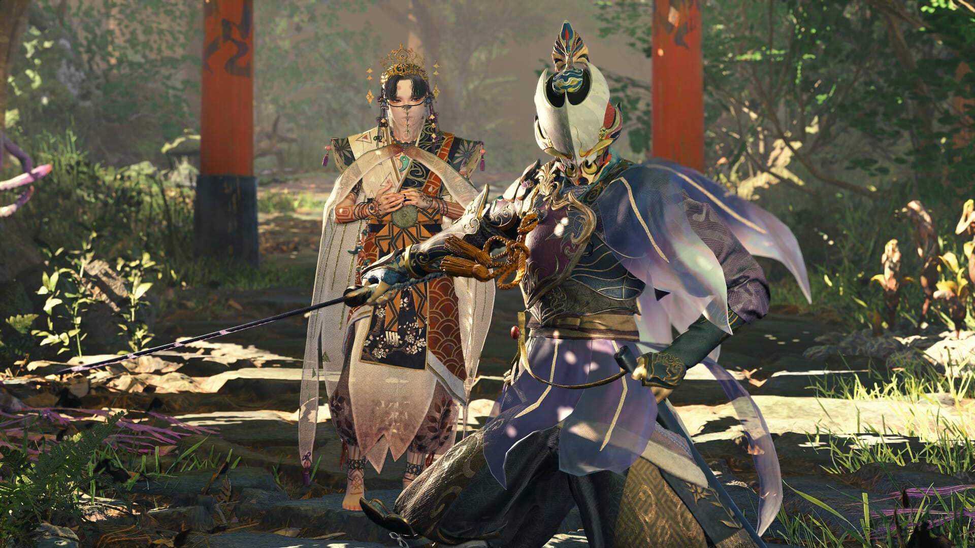 Someone holding a sword, protecting a woman behind him