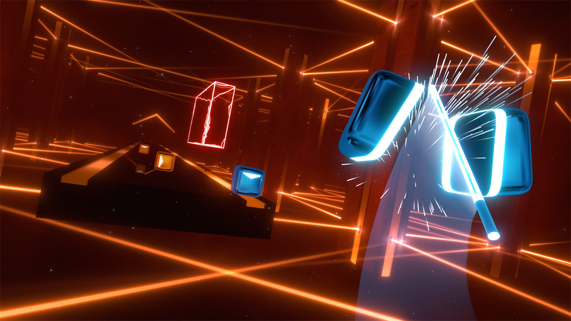 Blue block being sliced in a virtual environment that's colored orange