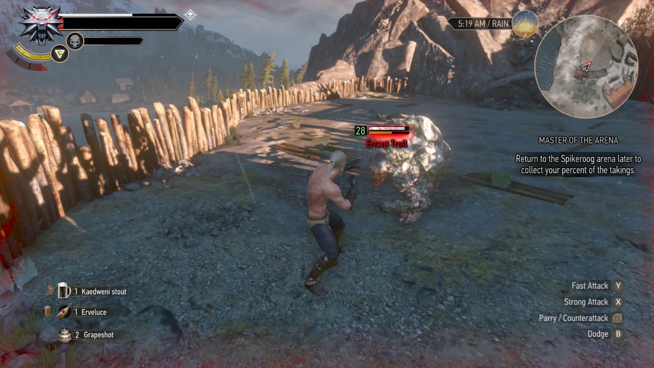 A shirtless Geralt fighting a Errant Troll in The Witcher 3 running on a Switch 2.