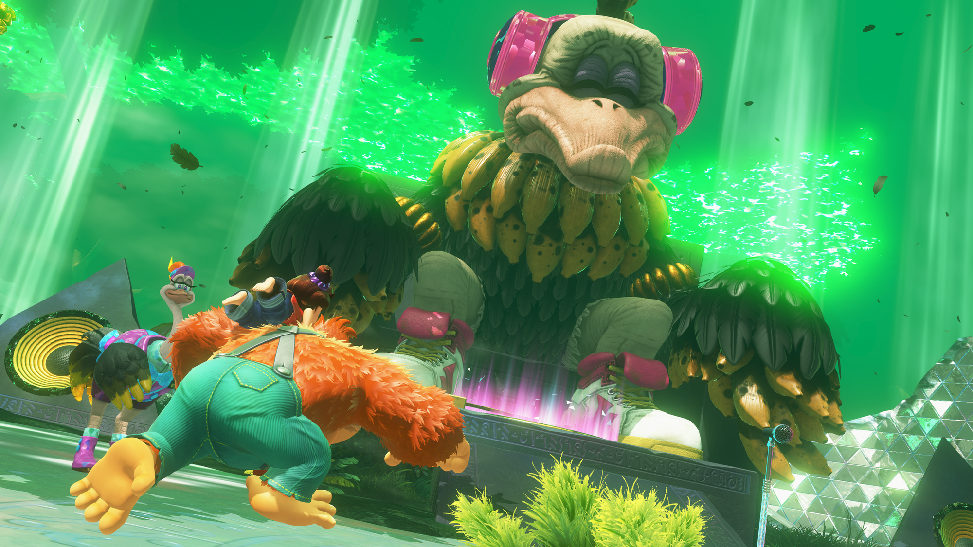 Donkey Kong and a small girl on his shoulder approaching a large ostrich