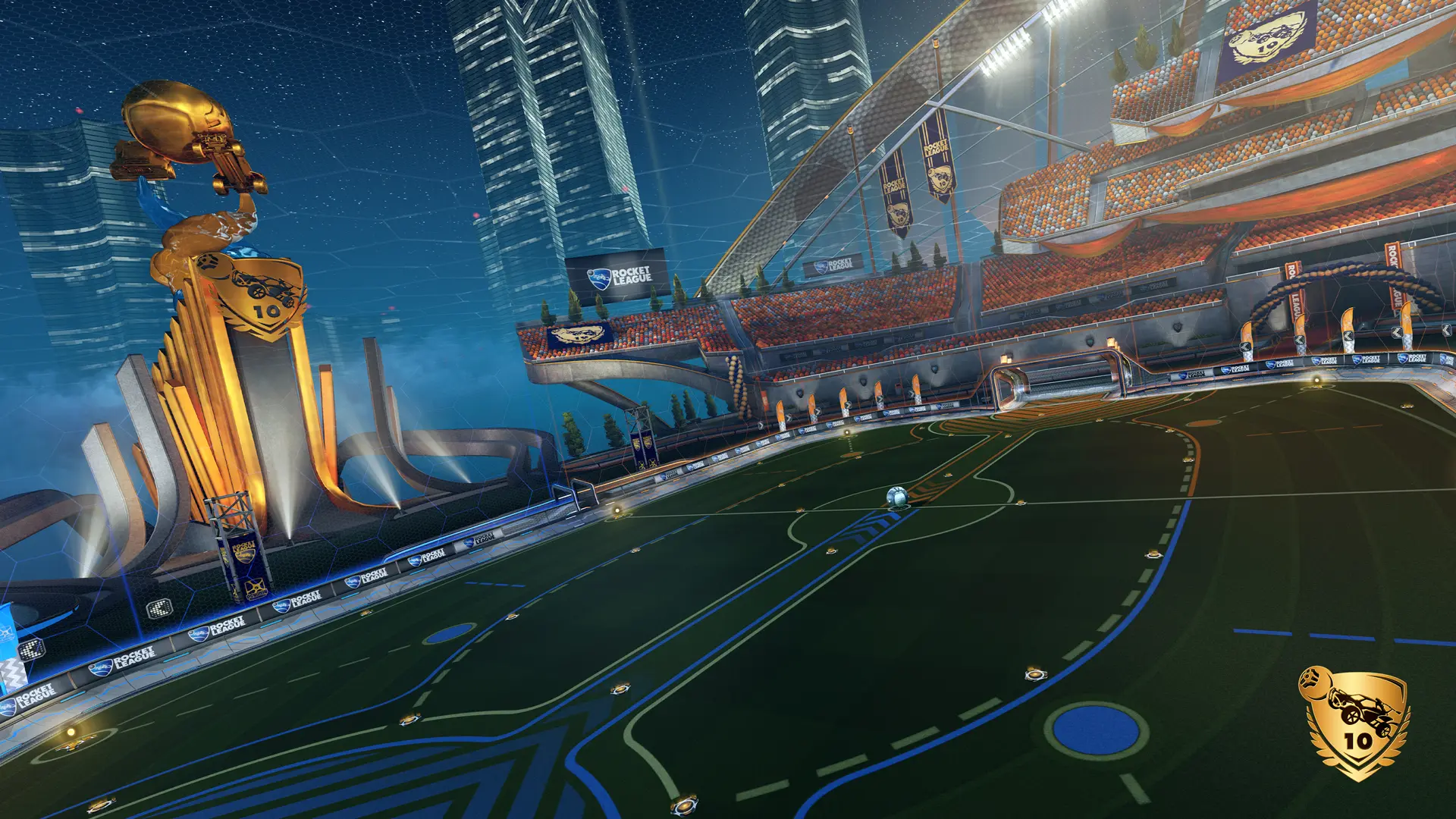 A giant futuristic arena with a ball in the middle