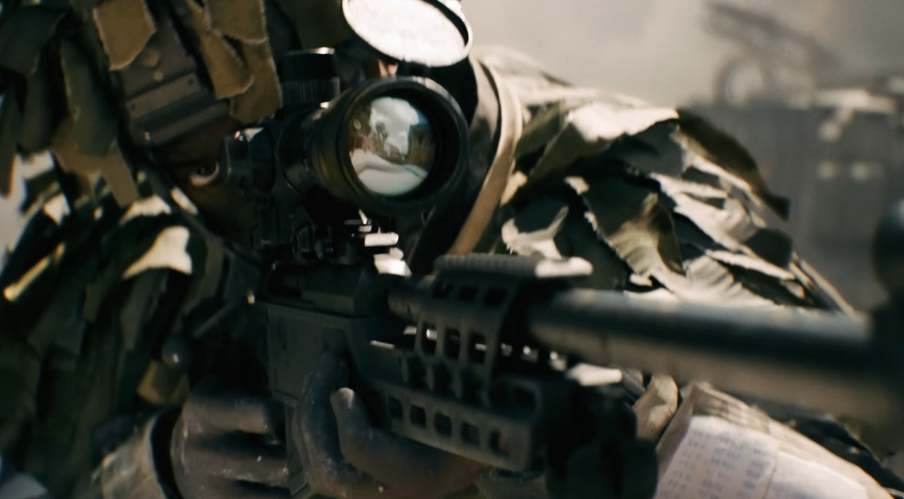 A screenshot from Battlefield 6's Campaign trailer showing a sniper taking aim.