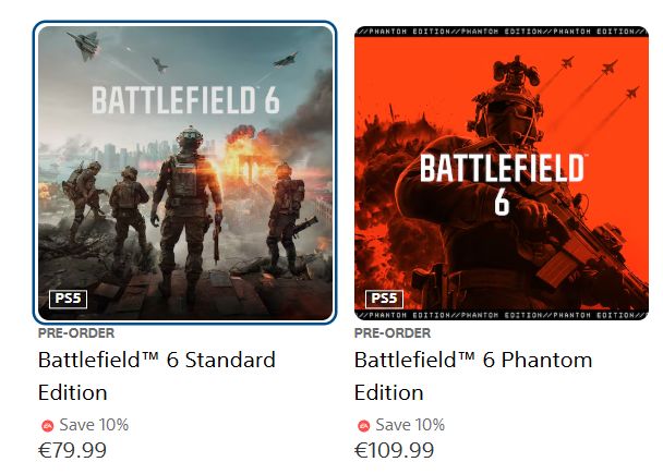 PlayStation Store EU storefront showing Battlefield 6 cost $79.99