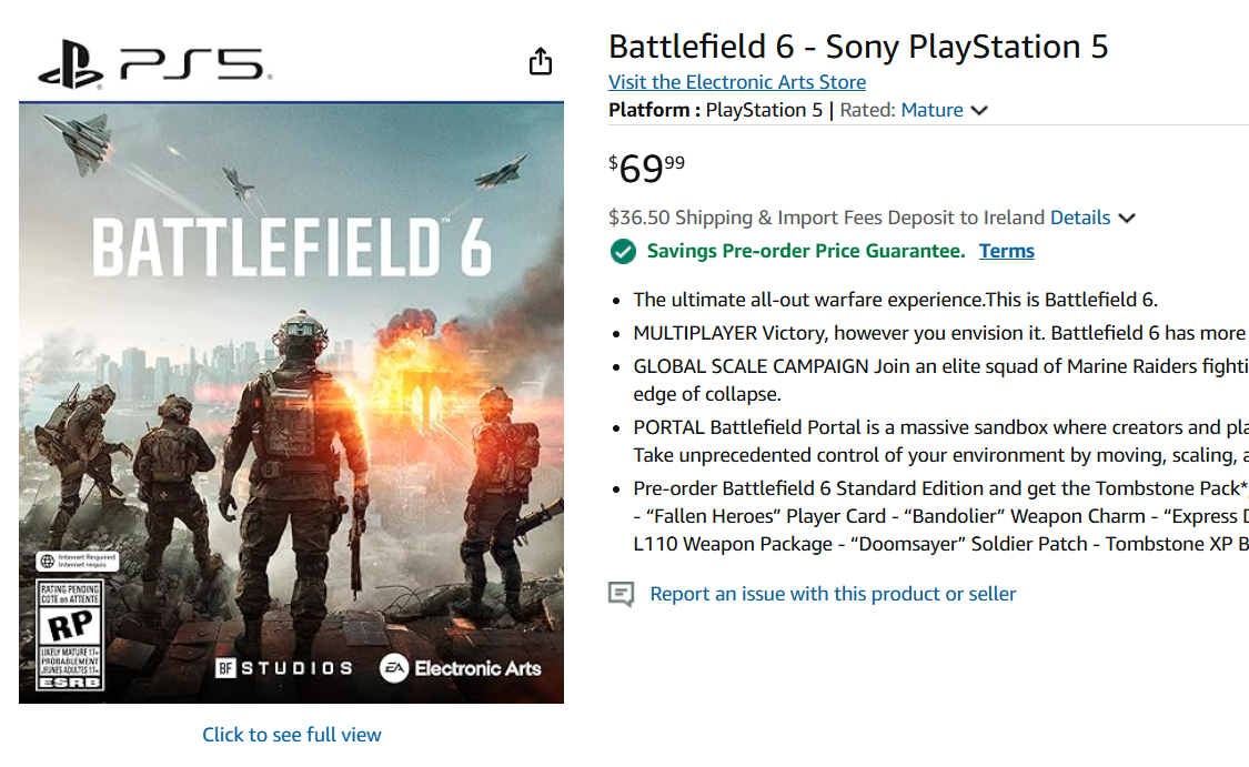 Amazon US storefront showing Battlefield 6 cost $69.99