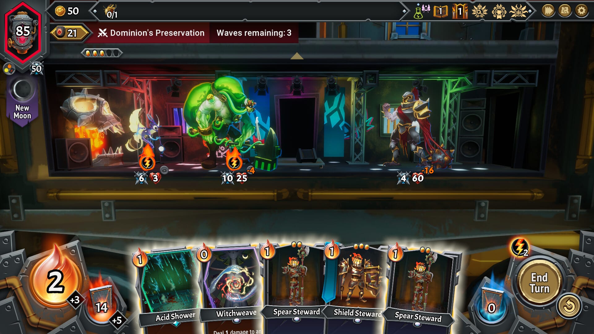 A Monster Train 2 screenshot showing two good monsters against one bad one.