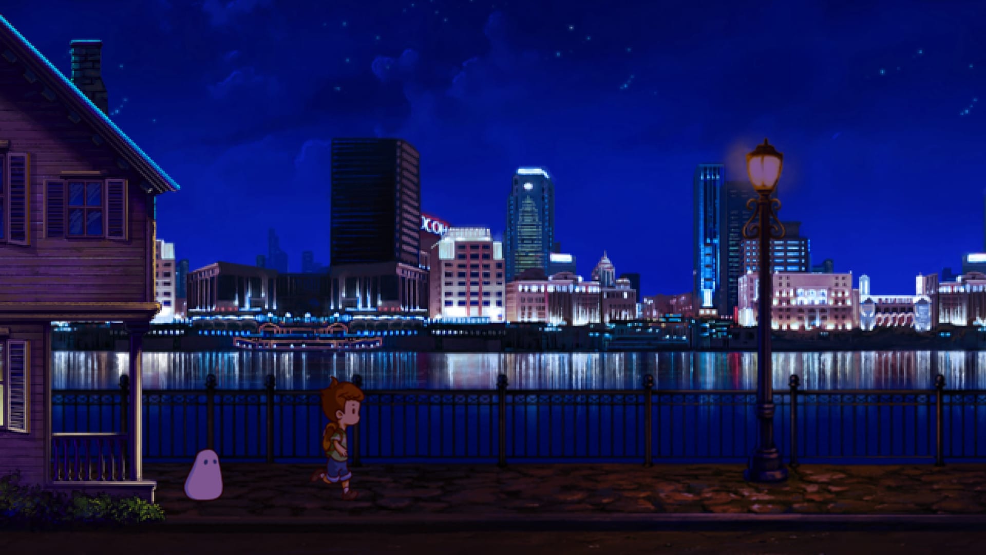 A young boy and a white blob walking by a river as a city can be seen opposite at nighttime